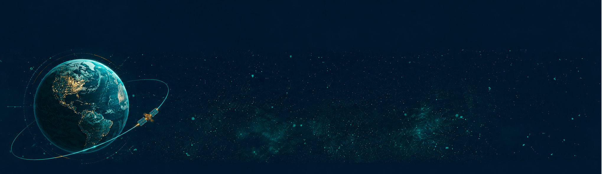 Abstract orbital ribbon and satellite network background framing the SAT TRACE hero section.